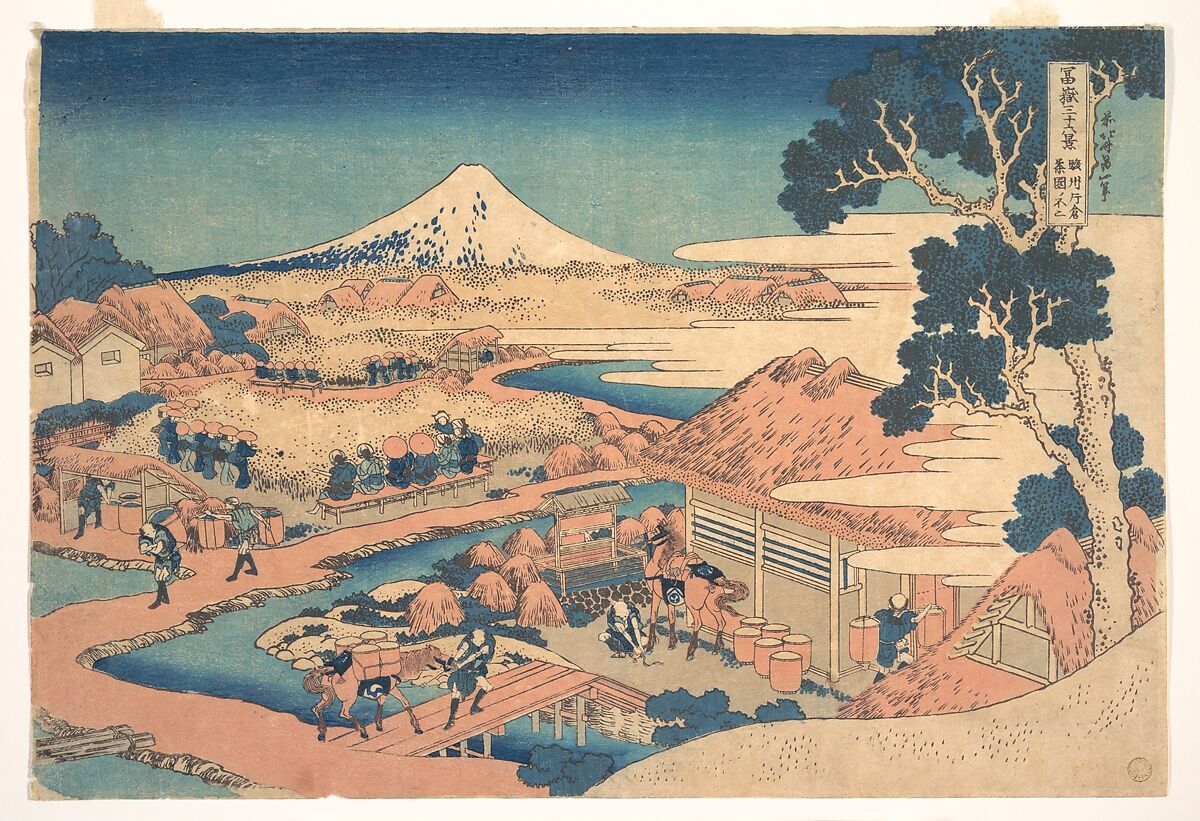 Fuji from the Katakura Tea Fields in Suruga (Sunshū Katakura chaen no Fuji), from the series Thirty-six Views of Mount Fuji (Fugaku sanjūrokkei), Katsushika Hokusai (Japanese, Tokyo (Edo) 1760–1849 Tokyo (Edo)), Woodblock print; ink and color on paper, Japan 