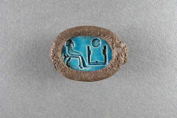 Scarab in a Ring Bezel, Blue glazed steatite, silver 