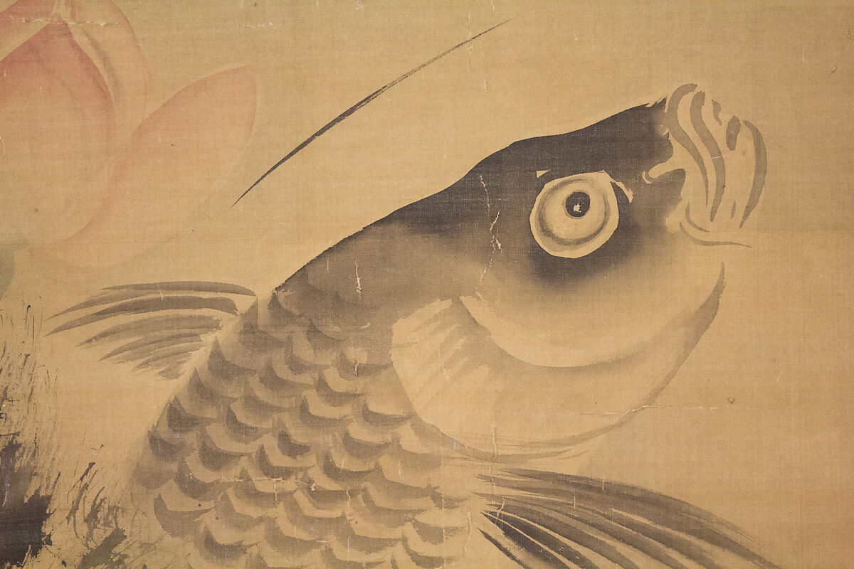Fish and Lotus, Attributed to Kano Yasunobu (Japanese, 1614–1685), Hanging scroll; ink and color on silk, Japan