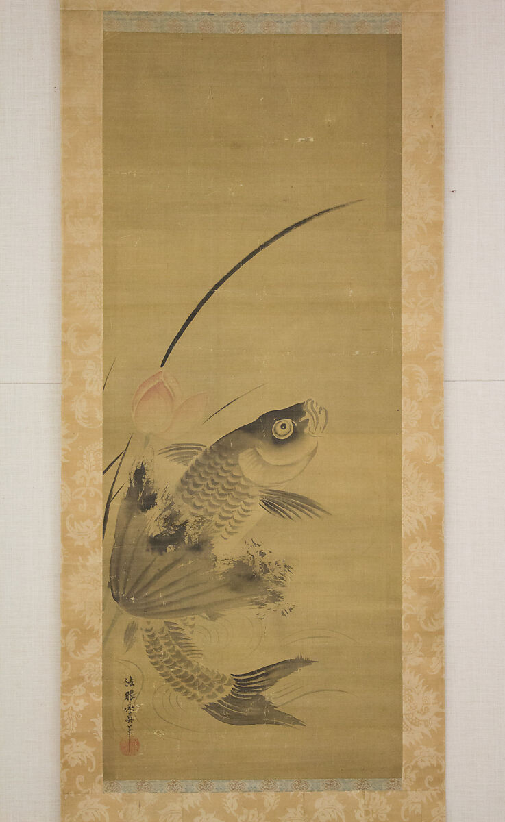 Fish and Lotus, Attributed to Kano Yasunobu (Japanese, 1614–1685), Hanging scroll; ink and color on silk, Japan 