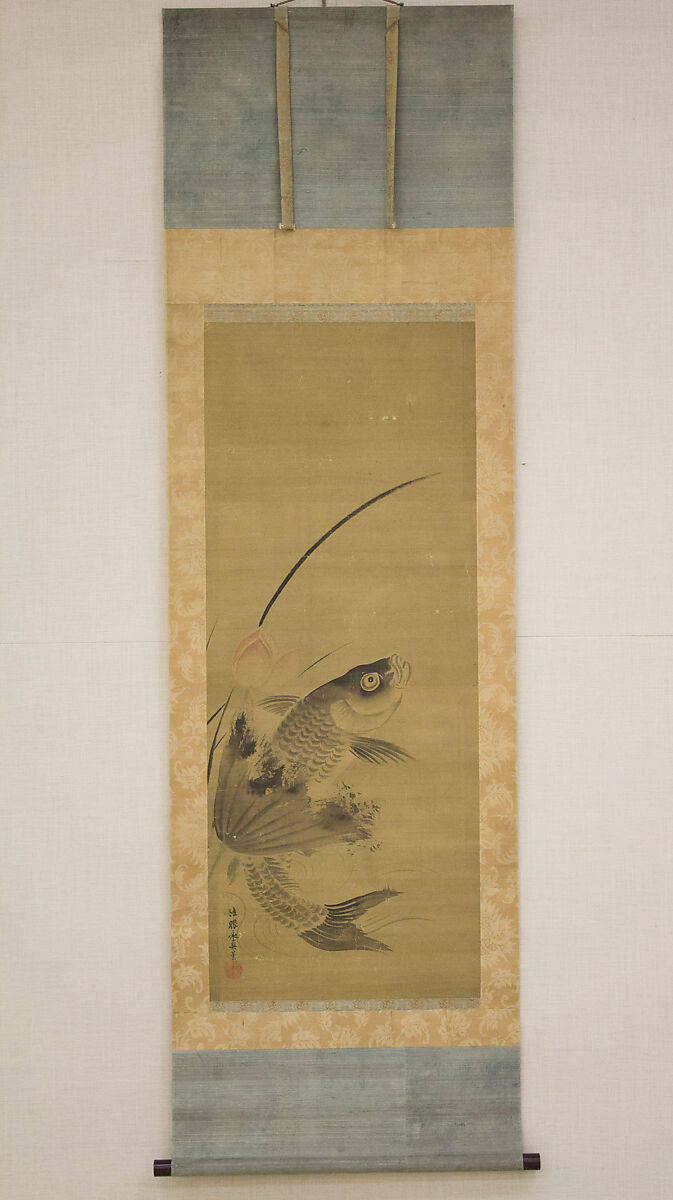 Fish and Lotus, Attributed to Kano Yasunobu (Japanese, 1614–1685), Hanging scroll; ink and color on silk, Japan