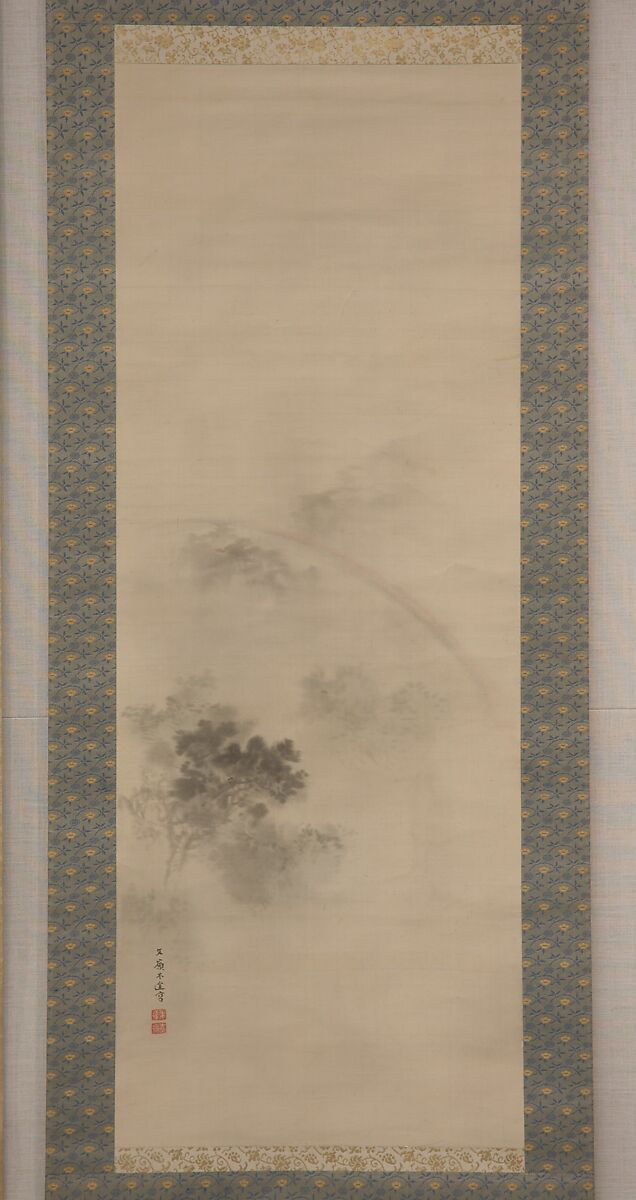 Misty Landscape with Rainbow, Attributed to Katō Bunrei (Japanese, 1706–1782), Hanging scroll; ink and color on silk, Japan 