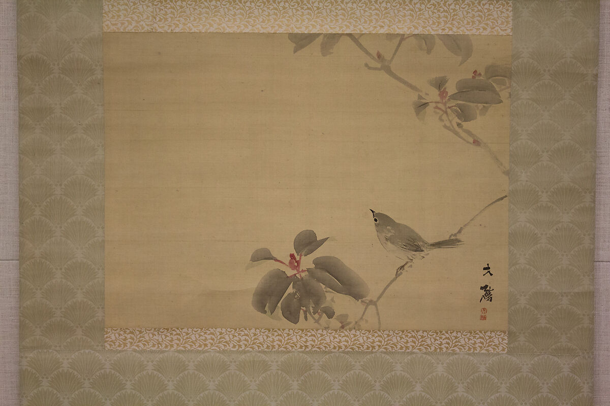 Bird on a Branch, Attributed to Shiokawa Bunrin (Japanese, 1808–1877), Hanging scroll; ink and color on silk, Japan 