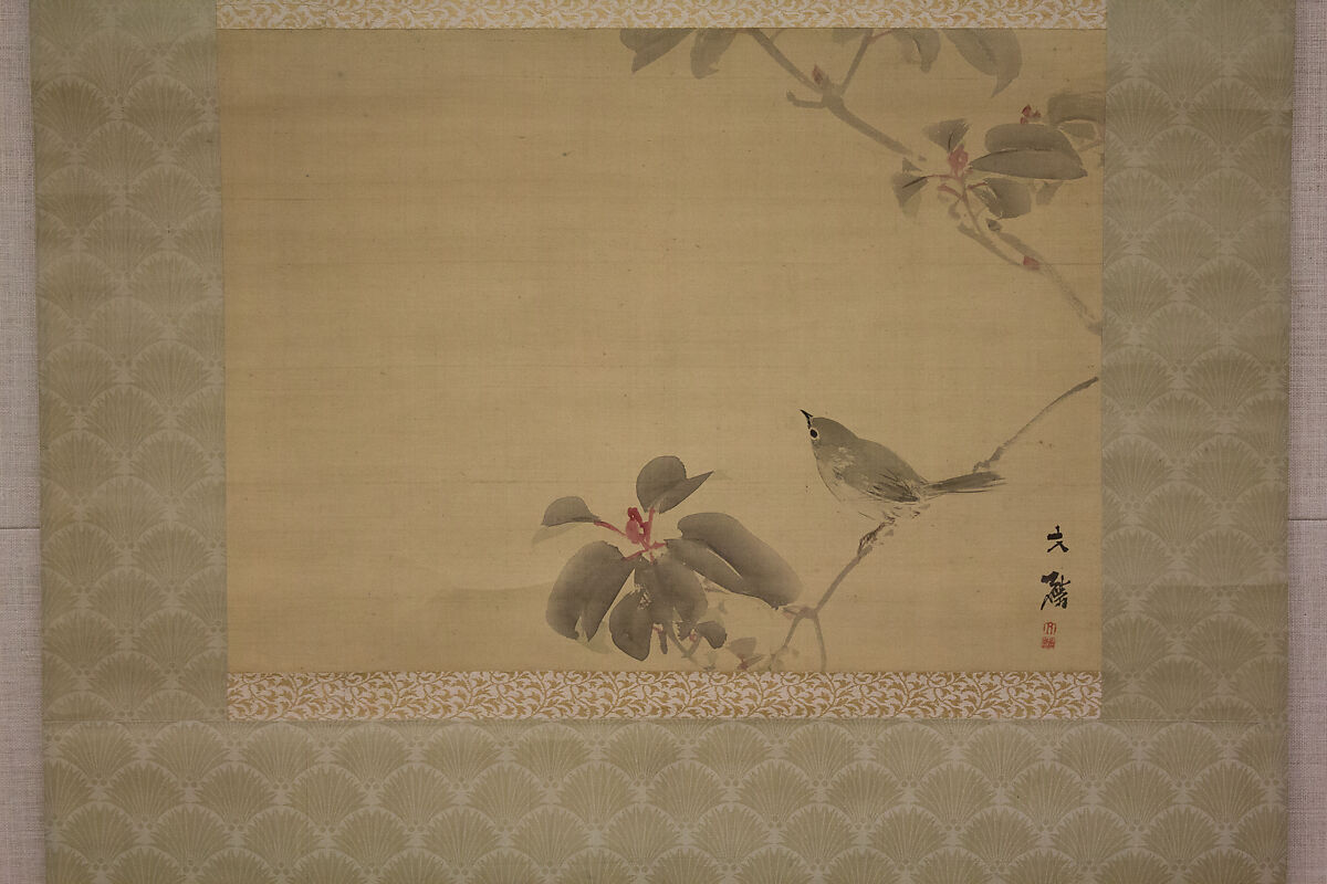 Bird on a Branch, Attributed to Shiokawa Bunrin (Japanese, 1808–1877), Hanging scroll; ink and color on silk, Japan