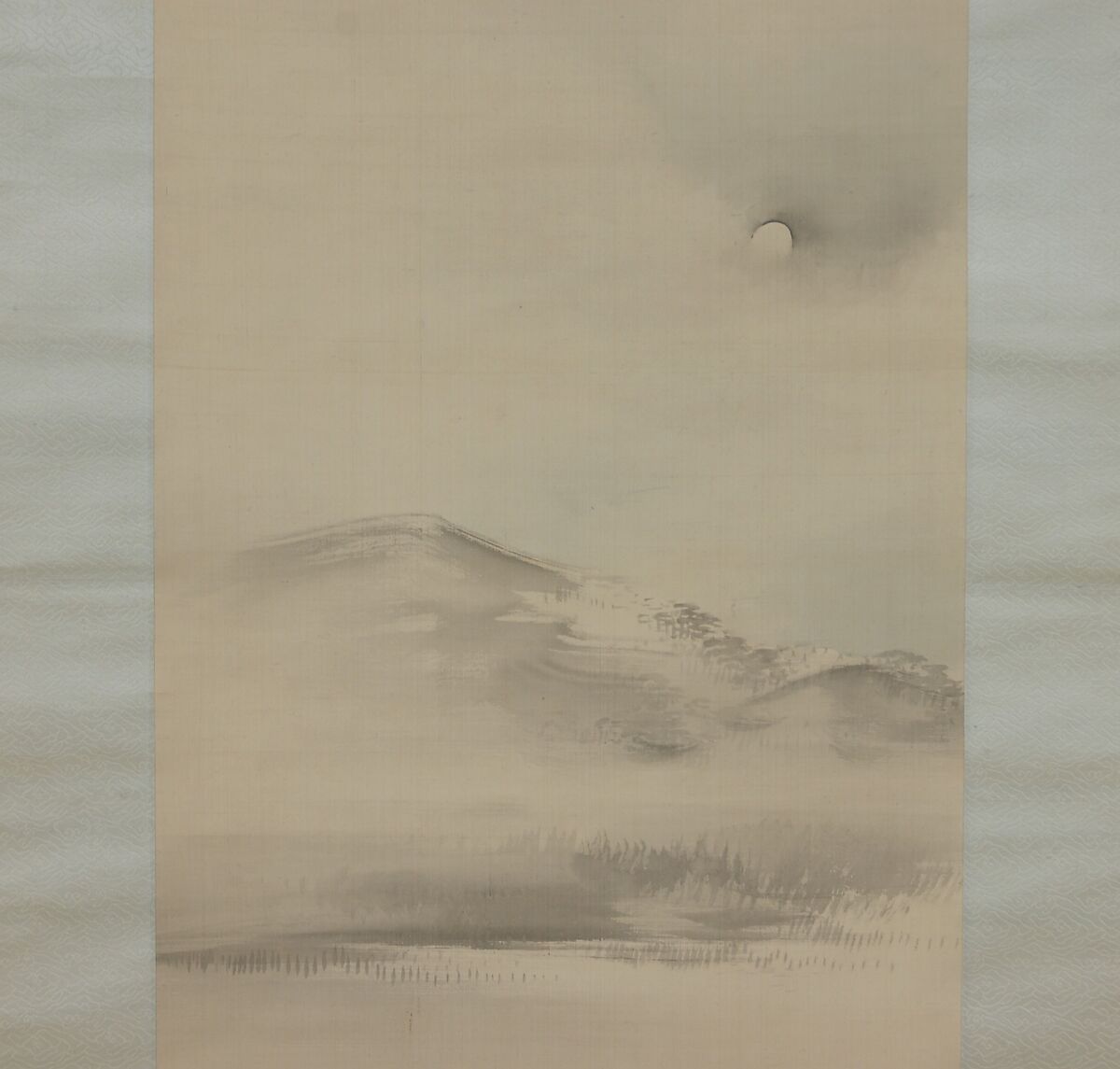 Landscape with the Moon, Attributed to Shiokawa Bunrin (Japanese, 1808–1877), Hanging scroll; ink and color on silk, Japan