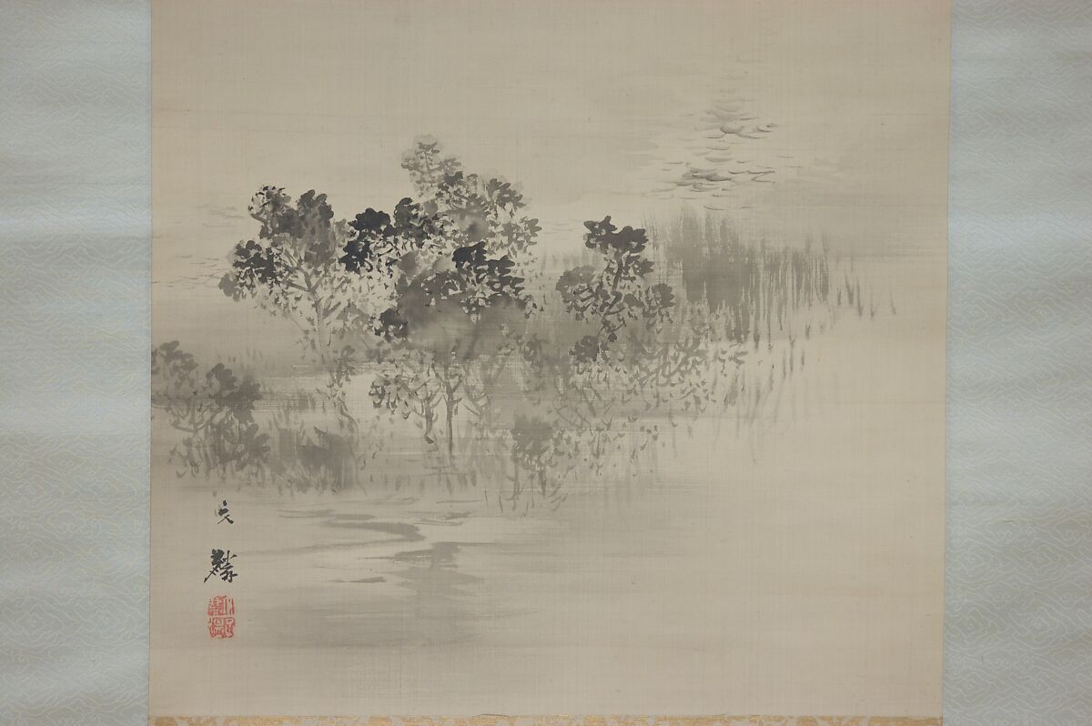 Landscape with the Moon, Attributed to Shiokawa Bunrin (Japanese, 1808–1877), Hanging scroll; ink and color on silk, Japan