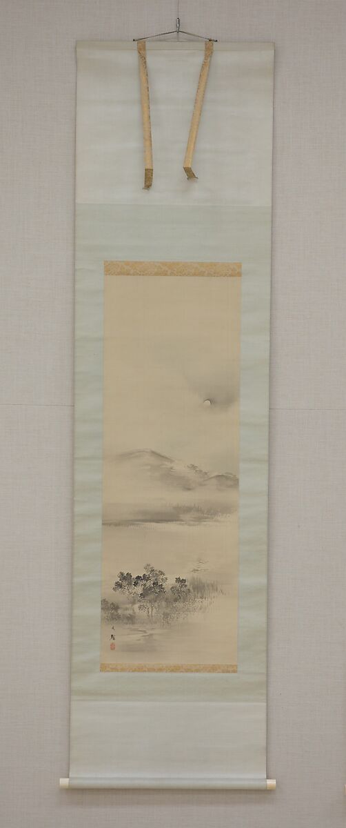 Landscape with the Moon, Attributed to Shiokawa Bunrin (Japanese, 1808–1877), Hanging scroll; ink and color on silk, Japan