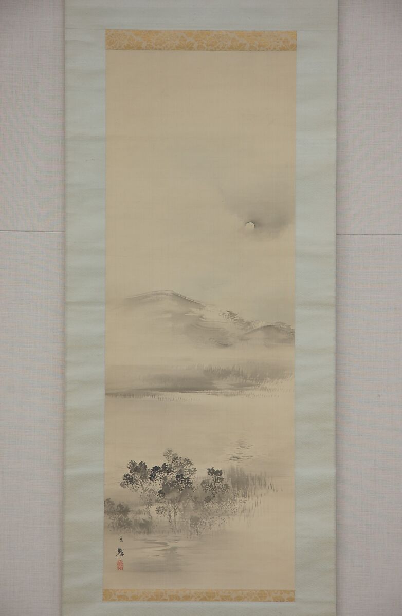 Landscape with the Moon, Attributed to Shiokawa Bunrin (Japanese, 1808–1877), Hanging scroll; ink and color on silk, Japan 