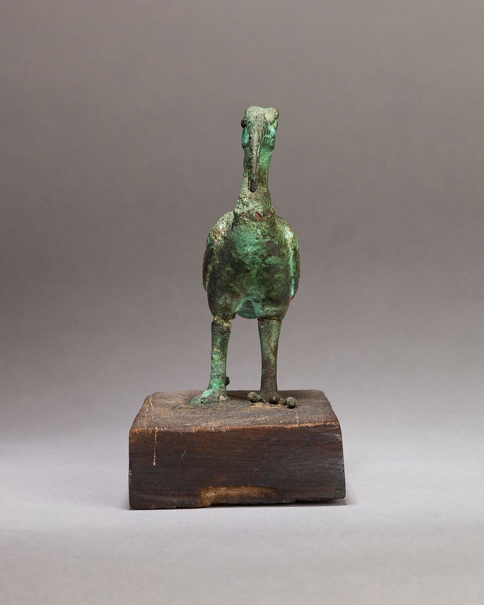 Ibis on a wooden base, Cupreous metal, glass or stone inlay, wood