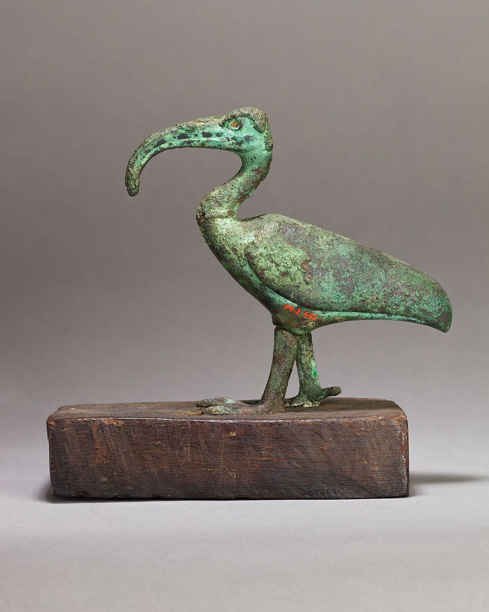 Ibis on a wooden base, Cupreous metal, glass or stone inlay, wood