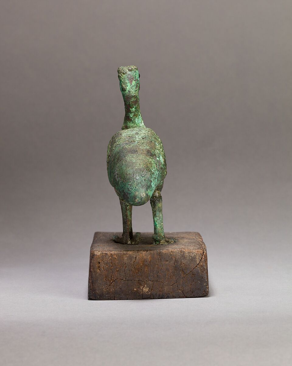 Ibis on a wooden base, Cupreous metal, glass or stone inlay, wood