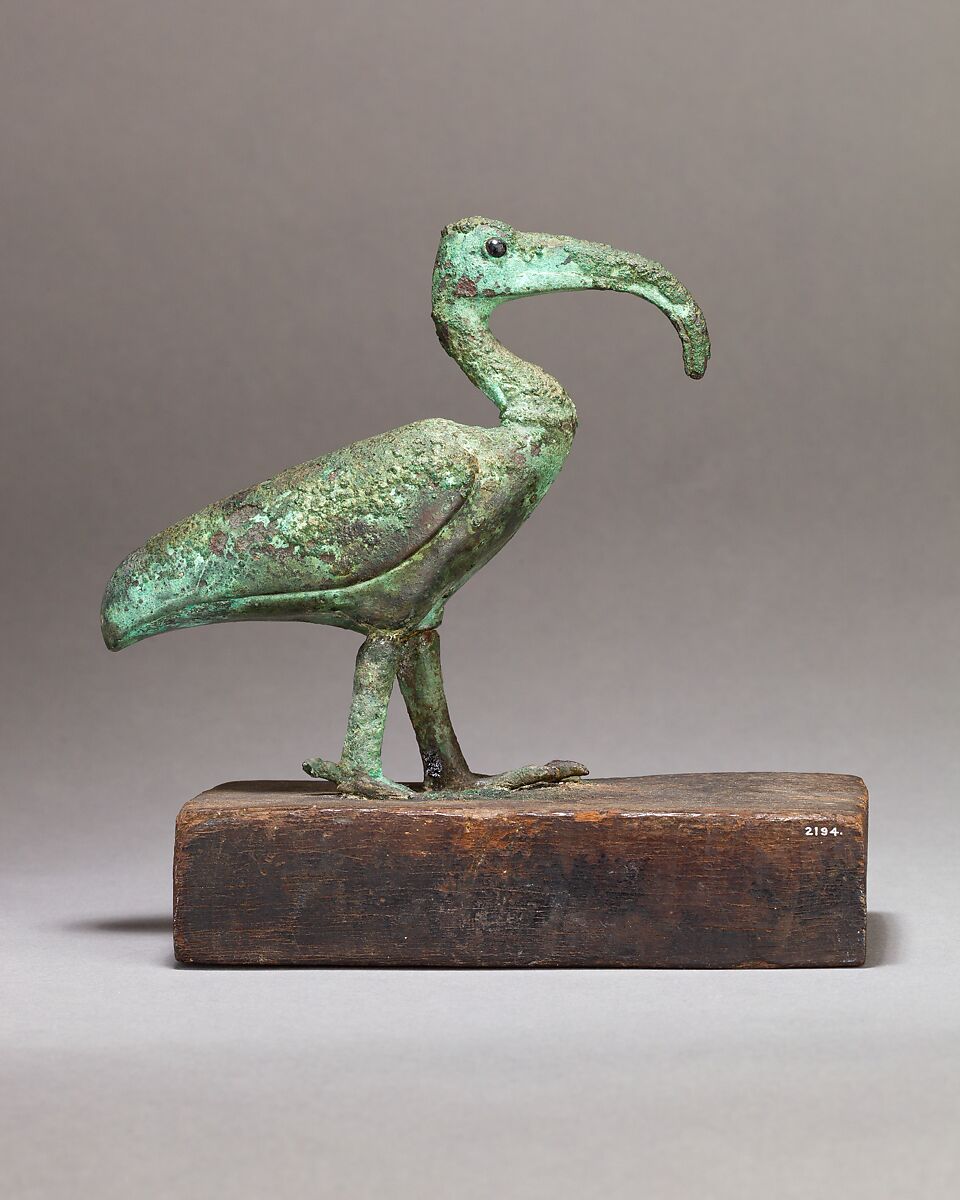 Ibis on a wooden base, Cupreous metal, glass or stone inlay, wood 