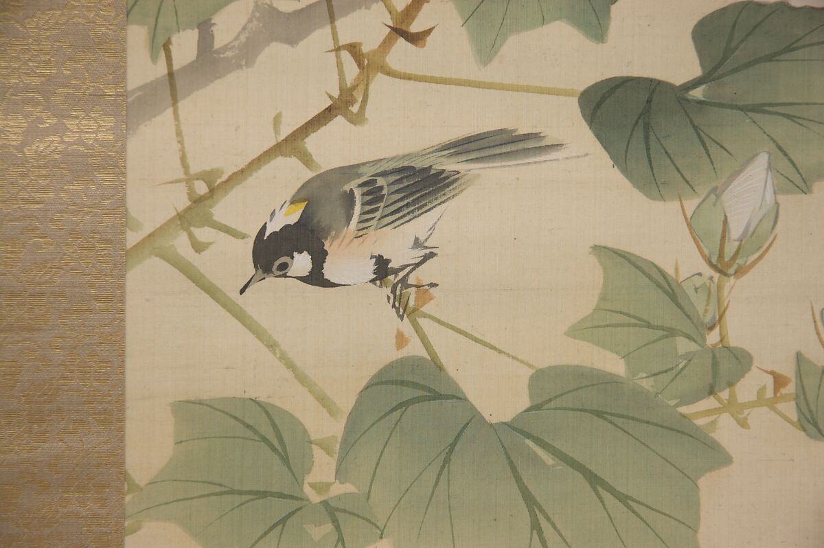 Flowering Shrubs and Field Sparrows (?), Hasegawa Gyokuhō 長谷川玉峰 (Japanese, 1822–1879), Hanging scroll; ink and color on silk, Japan