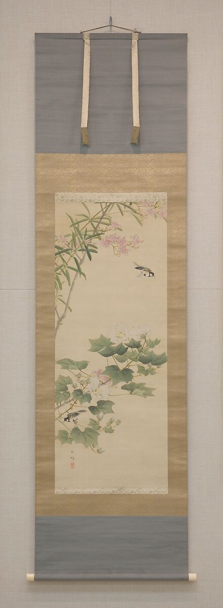 Flowering Shrubs and Field Sparrows (?), Hasegawa Gyokuhō 長谷川玉峰 (Japanese, 1822–1879), Hanging scroll; ink and color on silk, Japan