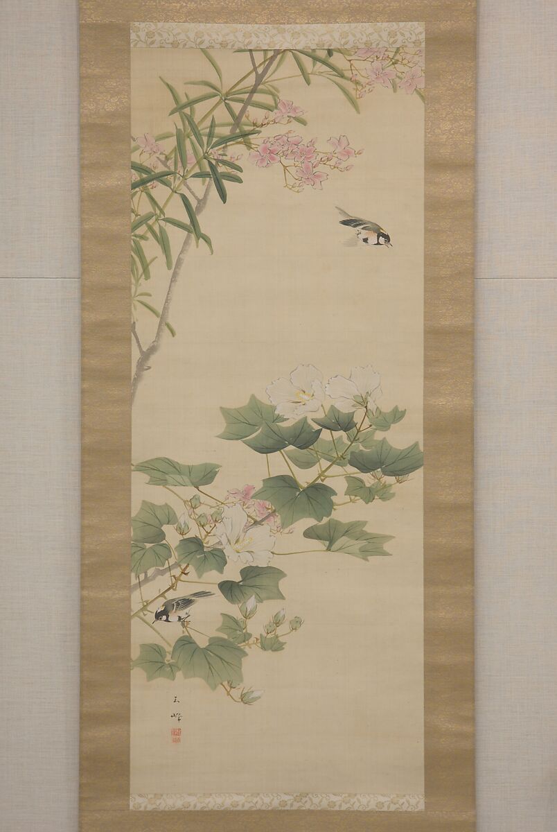Flowering Shrubs and Field Sparrows (?), Hasegawa Gyokuhō 長谷川玉峰 (Japanese, 1822–1879), Hanging scroll; ink and color on silk, Japan 