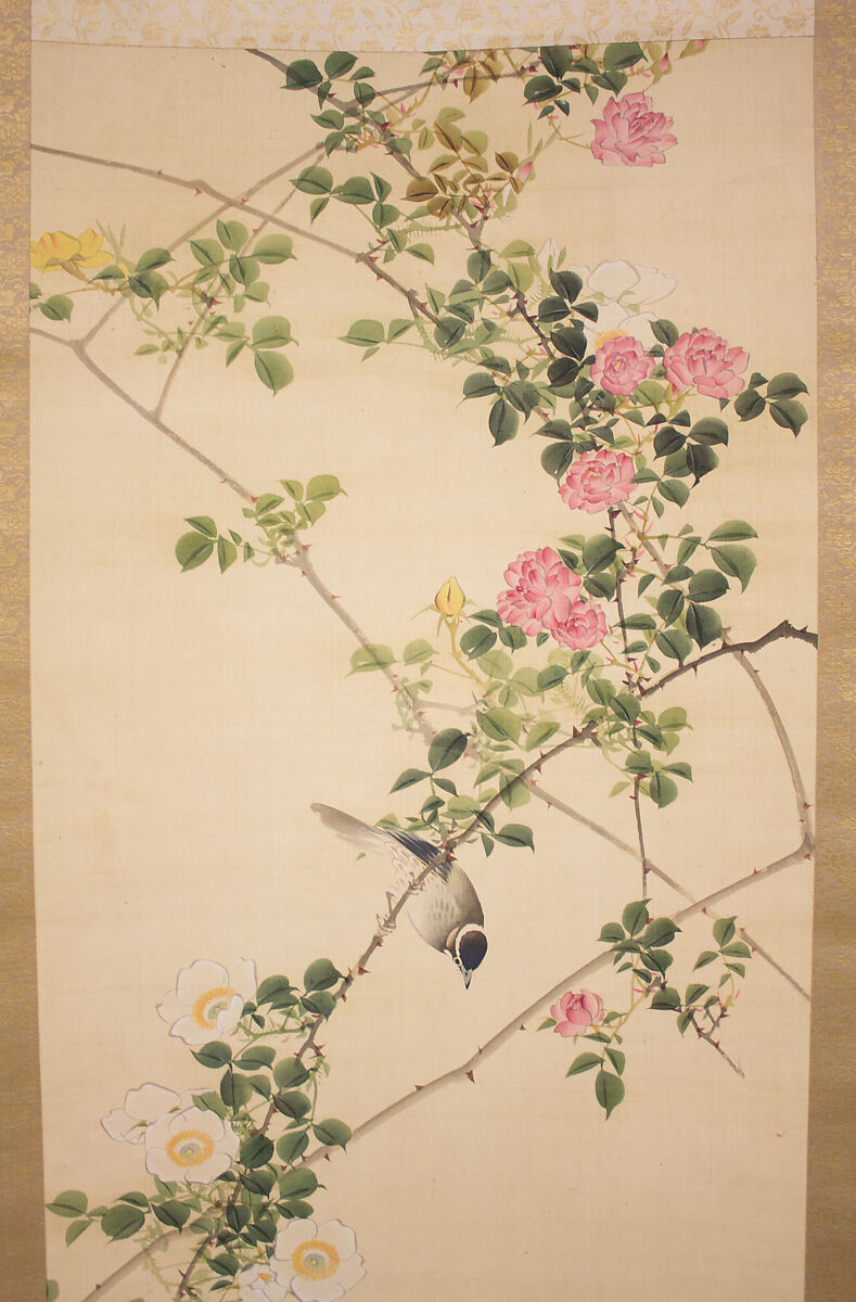 Roses and Field Sparrow (?), Attributed to Hasegawa Gyokuhō (Japanese, 1822–1879), Hanging scroll; ink and color on silk, Japan