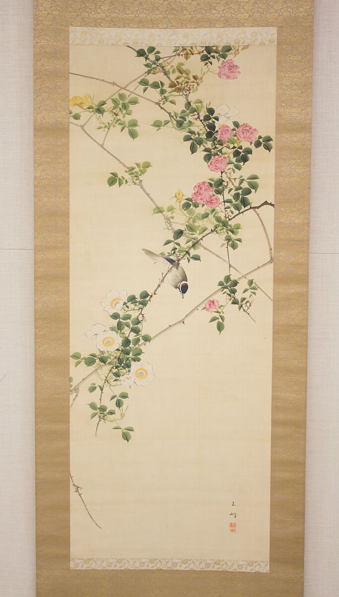Roses and Field Sparrow (?), Attributed to Hasegawa Gyokuhō (Japanese, 1822–1879), Hanging scroll; ink and color on silk, Japan