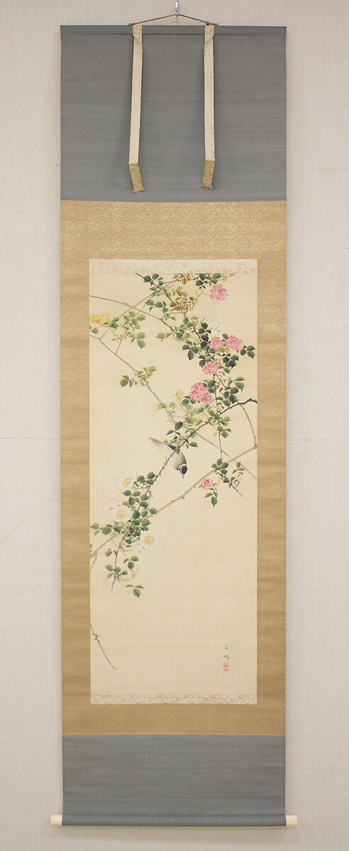 Roses and Field Sparrow (?), Attributed to Hasegawa Gyokuhō (Japanese, 1822–1879), Hanging scroll; ink and color on silk, Japan