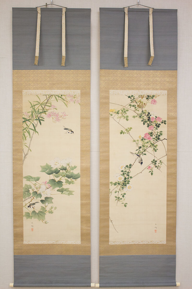 Roses and Field Sparrow (?), Attributed to Hasegawa Gyokuhō (Japanese, 1822–1879), Hanging scroll; ink and color on silk, Japan 