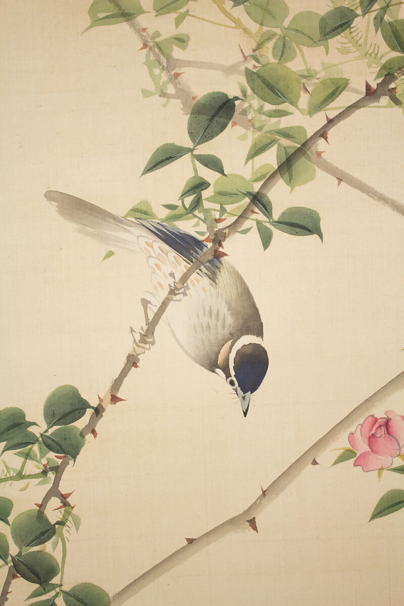 Roses and Field Sparrow (?), Attributed to Hasegawa Gyokuhō (Japanese, 1822–1879), Hanging scroll; ink and color on silk, Japan