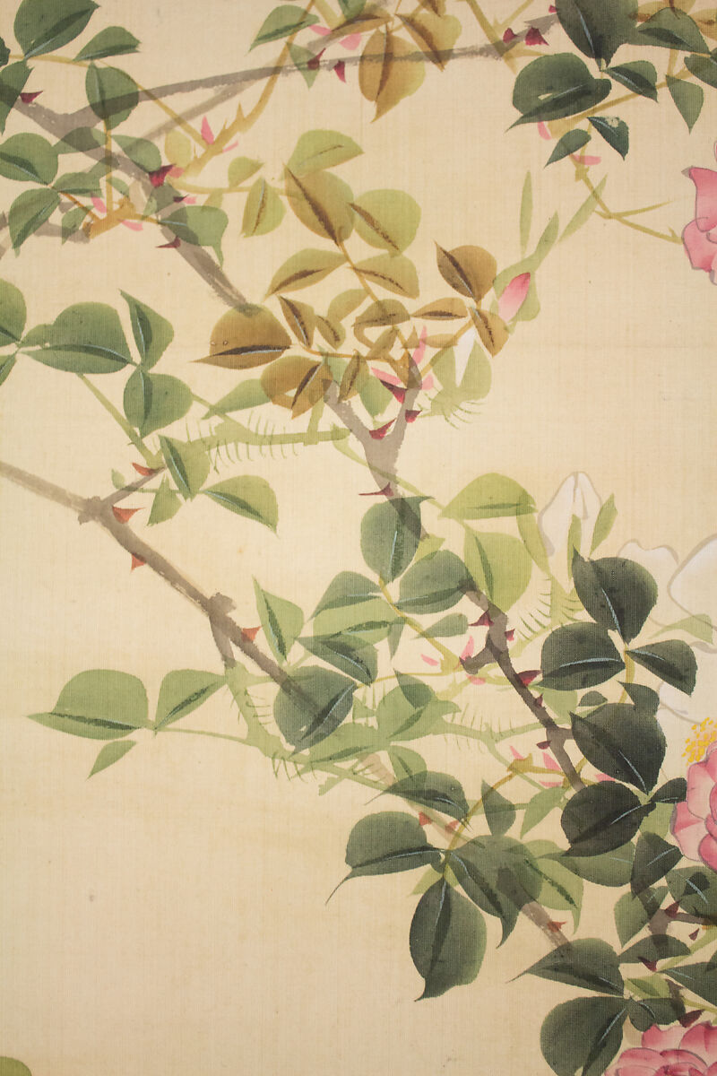 Roses and Field Sparrow (?), Attributed to Hasegawa Gyokuhō (Japanese, 1822–1879), Hanging scroll; ink and color on silk, Japan