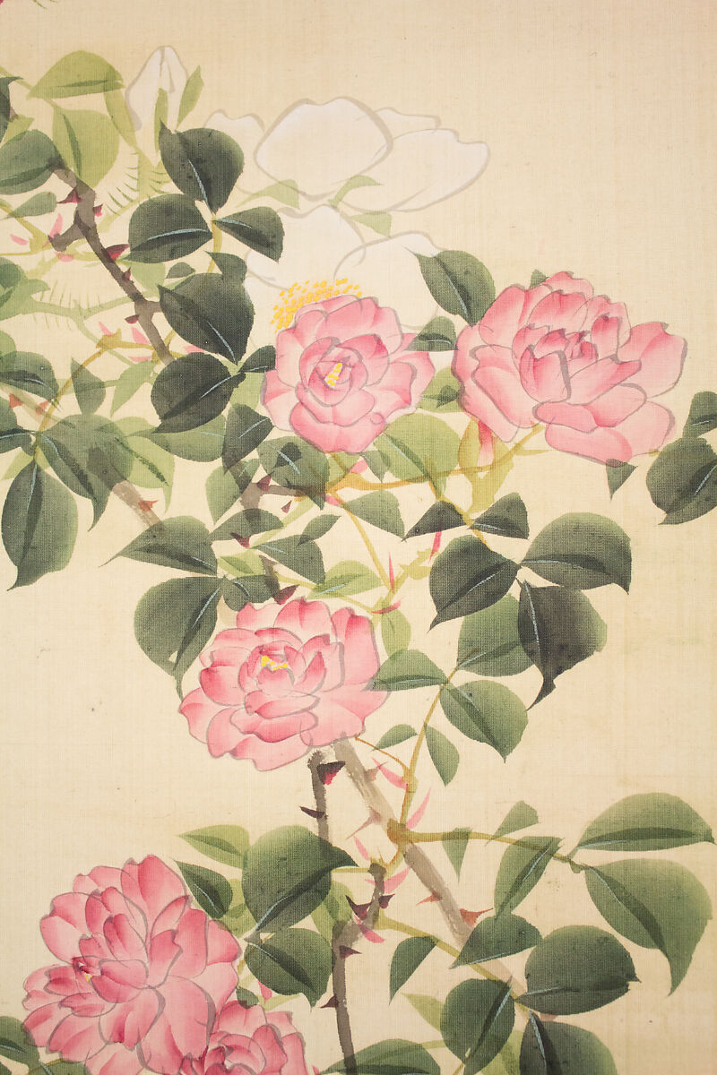 Roses and Field Sparrow (?), Attributed to Hasegawa Gyokuhō (Japanese, 1822–1879), Hanging scroll; ink and color on silk, Japan