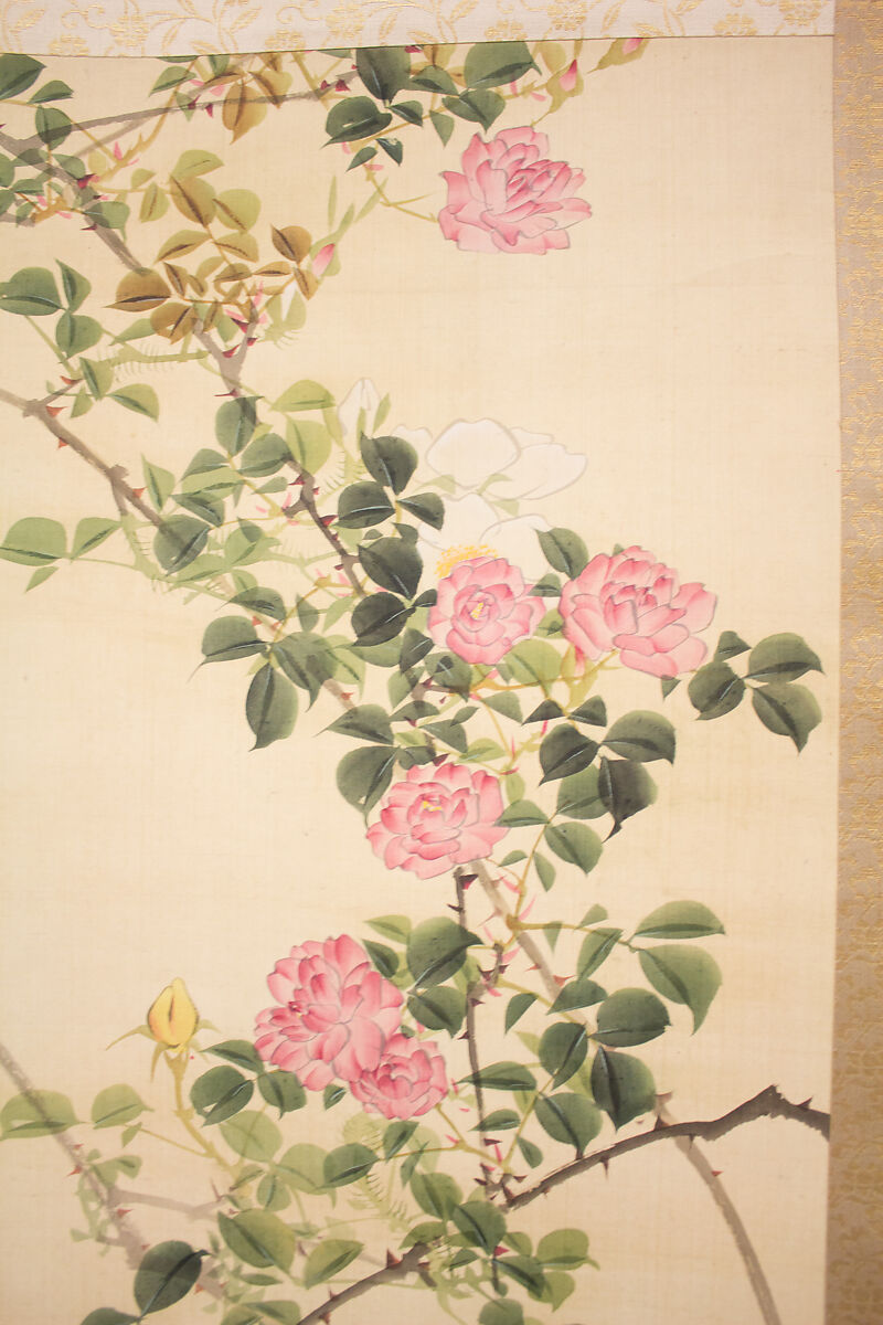 Roses and Field Sparrow (?), Attributed to Hasegawa Gyokuhō (Japanese, 1822–1879), Hanging scroll; ink and color on silk, Japan