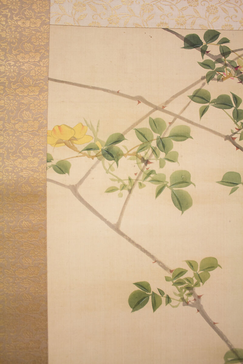 Roses and Field Sparrow (?), Attributed to Hasegawa Gyokuhō (Japanese, 1822–1879), Hanging scroll; ink and color on silk, Japan