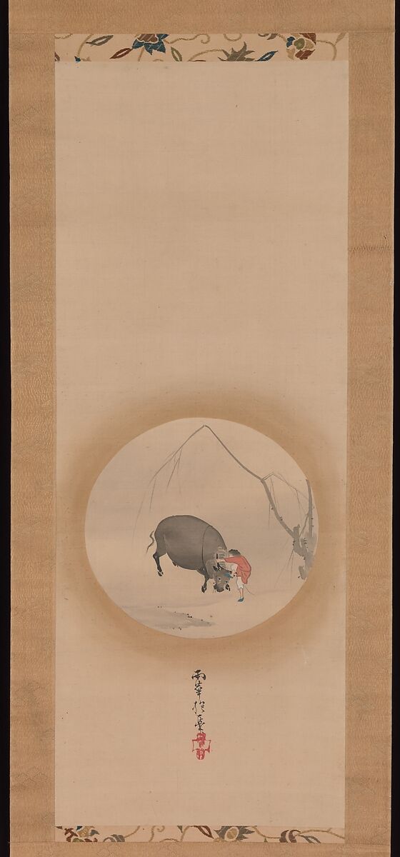 Boy Trying to Make an Ox Drink, Attributed to Sakai Hōitsu (Japanese, 1761–1828), Hanging scroll; ink and color on paper, Japan 