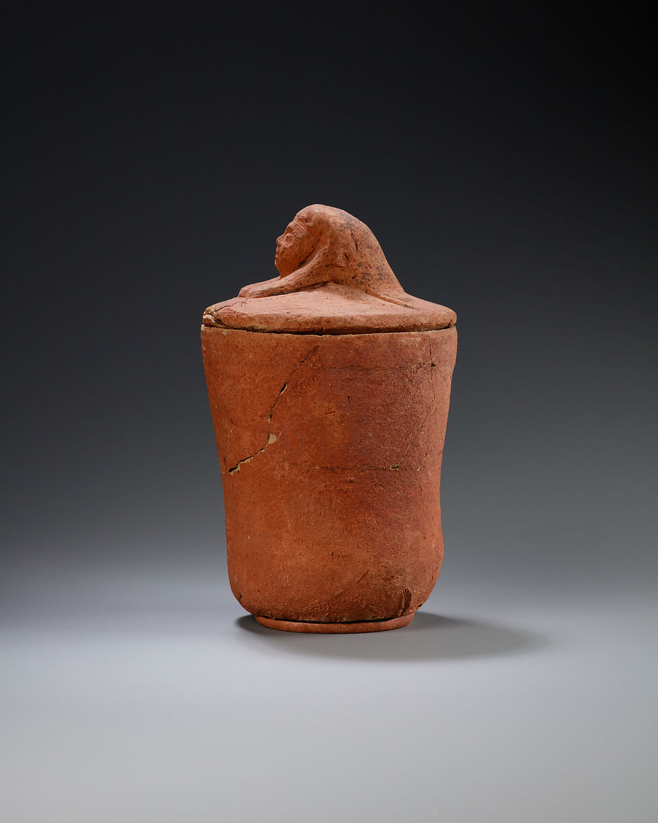 Canopic jar with human head, Pottery, paint