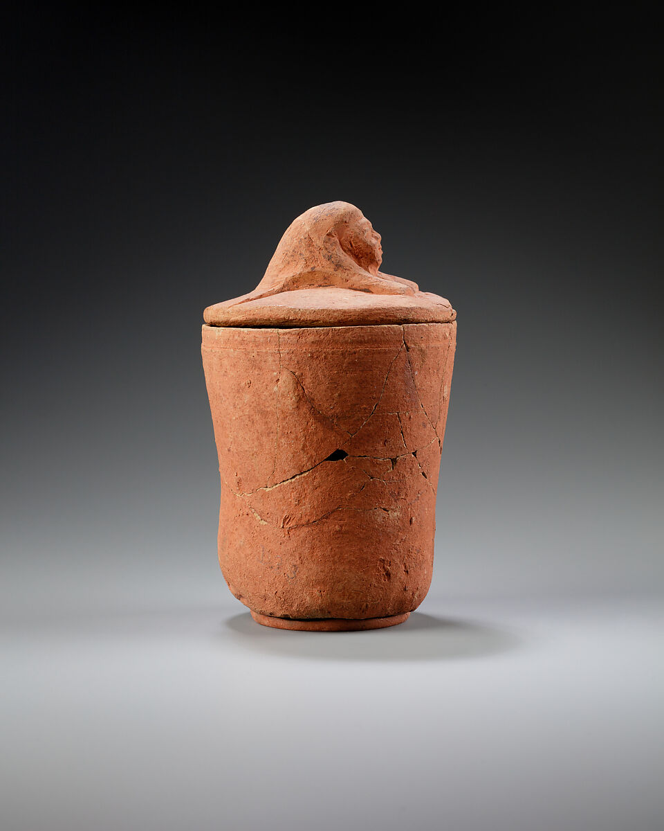 Canopic jar with human head, Pottery, paint