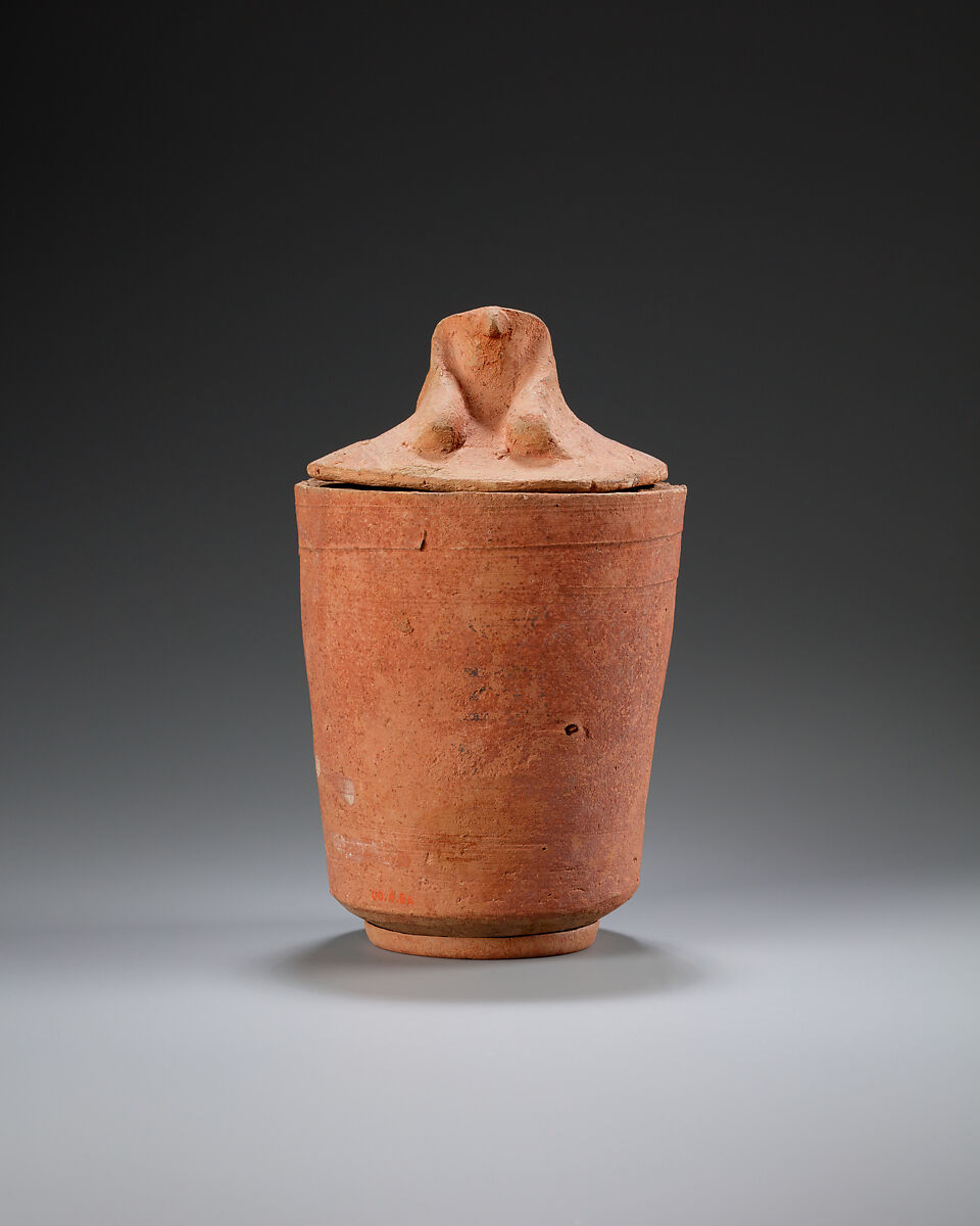Canopic jar with falcon head, Pottery, paint 