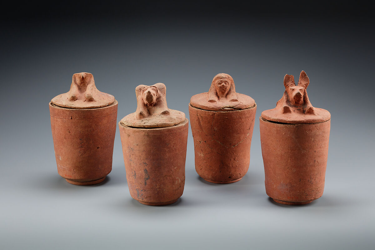 Canopic jar with falcon head, Pottery, paint