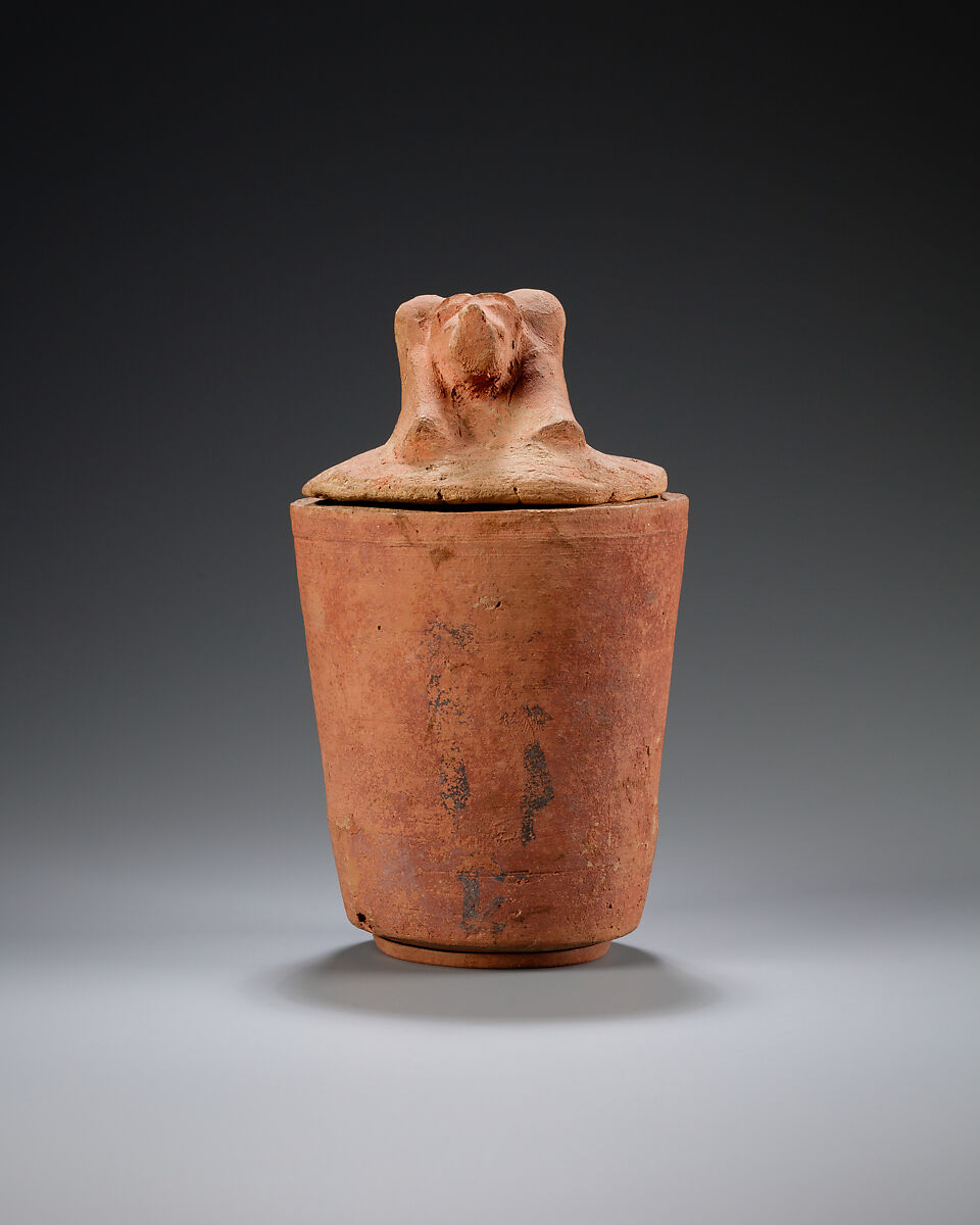 Canopic jar with baboon head, Pottery, paint 