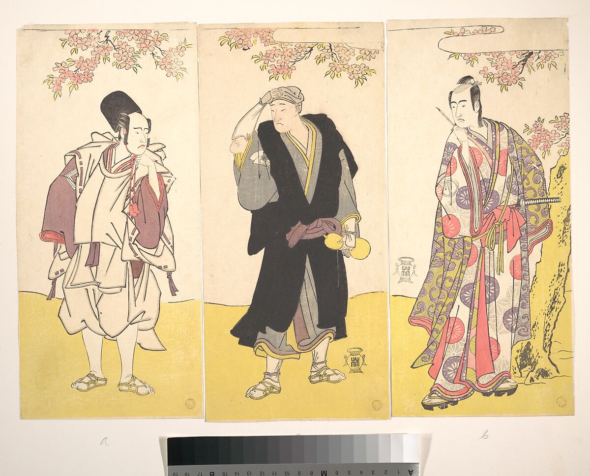 Kabuki Actors Ichikawa Yaozō III, Onoe Matsusuke I, and Sawamura Sōjūrō III, Katsukawa Shunshō　勝川春章 (Japanese, 1726–1792), Triptych of woodblock prints (nishiki-e); ink and color on paper, Japan 