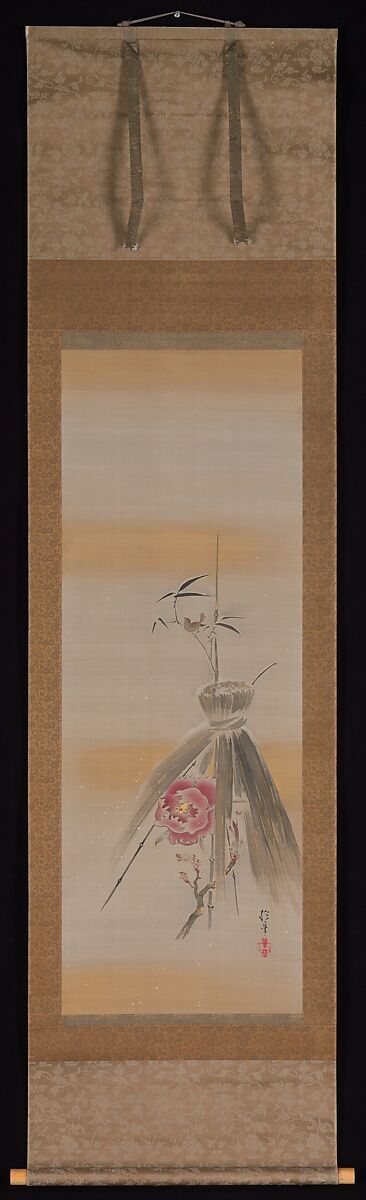 Peony Sheltered by Rice Straw, Attributed to Sakai Hōitsu (Japanese, 1761–1828), Hanging scroll; ink and color on silk, Japan