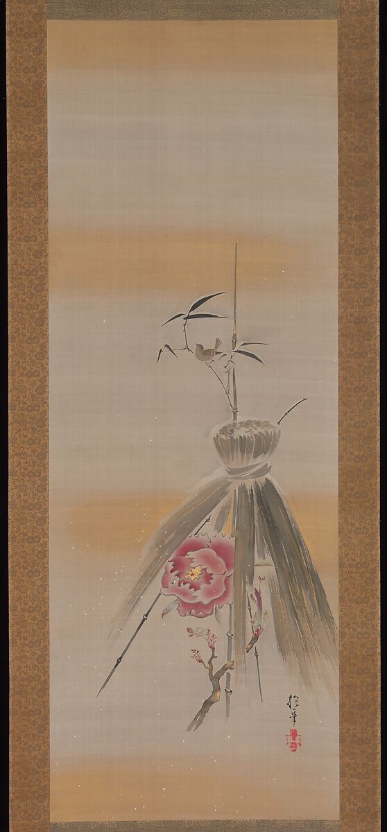 Peony Sheltered by Rice Straw, Attributed to Sakai Hōitsu (Japanese, 1761–1828), Hanging scroll; ink and color on silk, Japan 