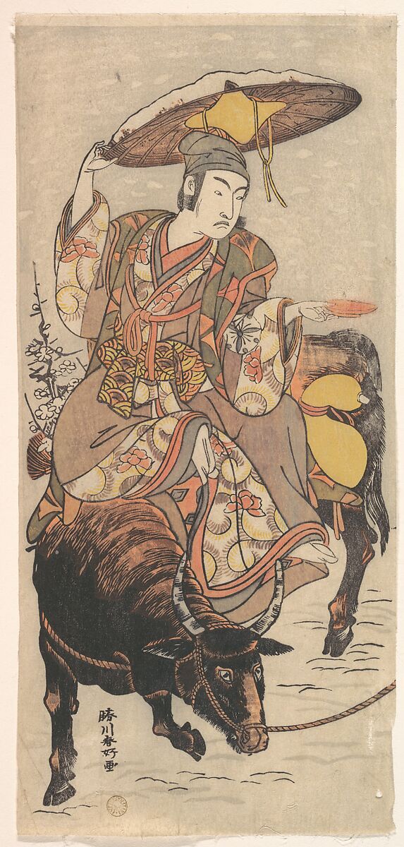 The Actor Matsumoto Koshiro IV on a Bullock in a Snowstorm, Katsukawa Shunkō (Japanese, 1743–1812), Woodblock print; ink and color on paper, Japan 