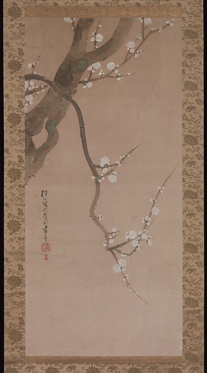 Flowering Plum, Attributed to Sakai Hōitsu (Japanese, 1761–1828), Hanging scroll; ink and color on paper, Japan 