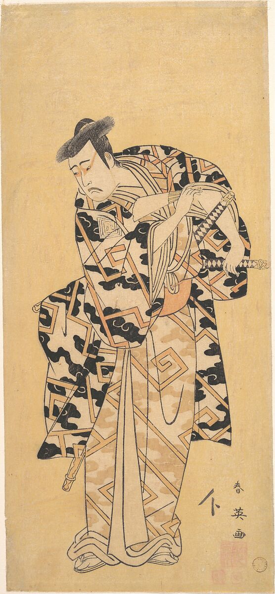 The Actor Ichikawa Yaozō III as Fuwa Banzaemon in a Thunder Robe, Playing with a Fan, Katsukawa Shun&#39;ei 勝川春英 (Japanese, 1762–1819), Woodblock print; ink and color on paper, Japan 