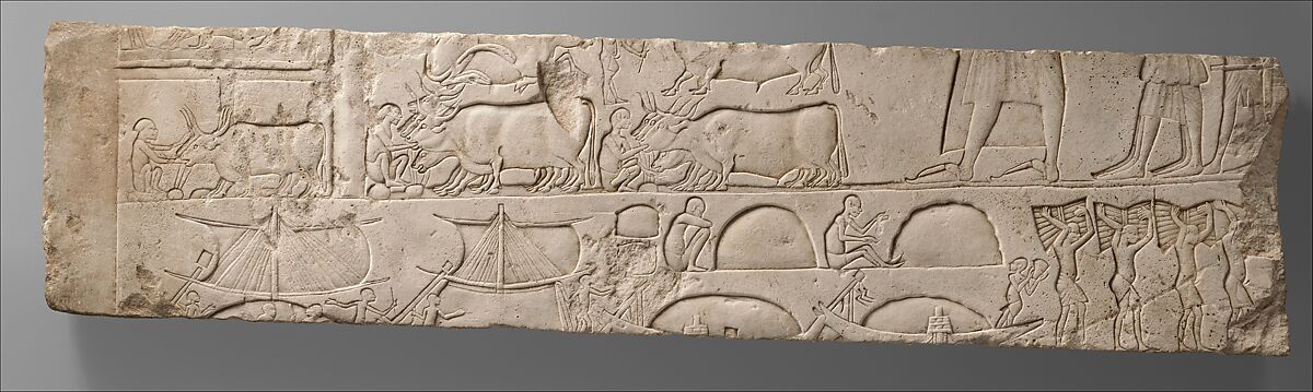 Relief Depicting Meryneith Inspecting His Stables and Ships Unloading Merchandise, from his tomb at Saqqara, Limestone 