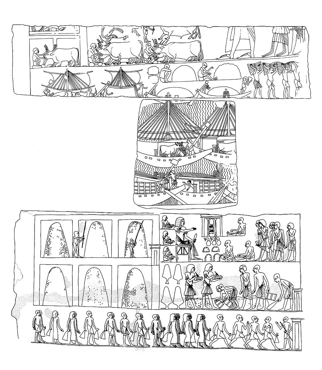 Relief Depicting Meryneith Inspecting His Stables and Ships Unloading Merchandise, from his tomb at Saqqara, Limestone