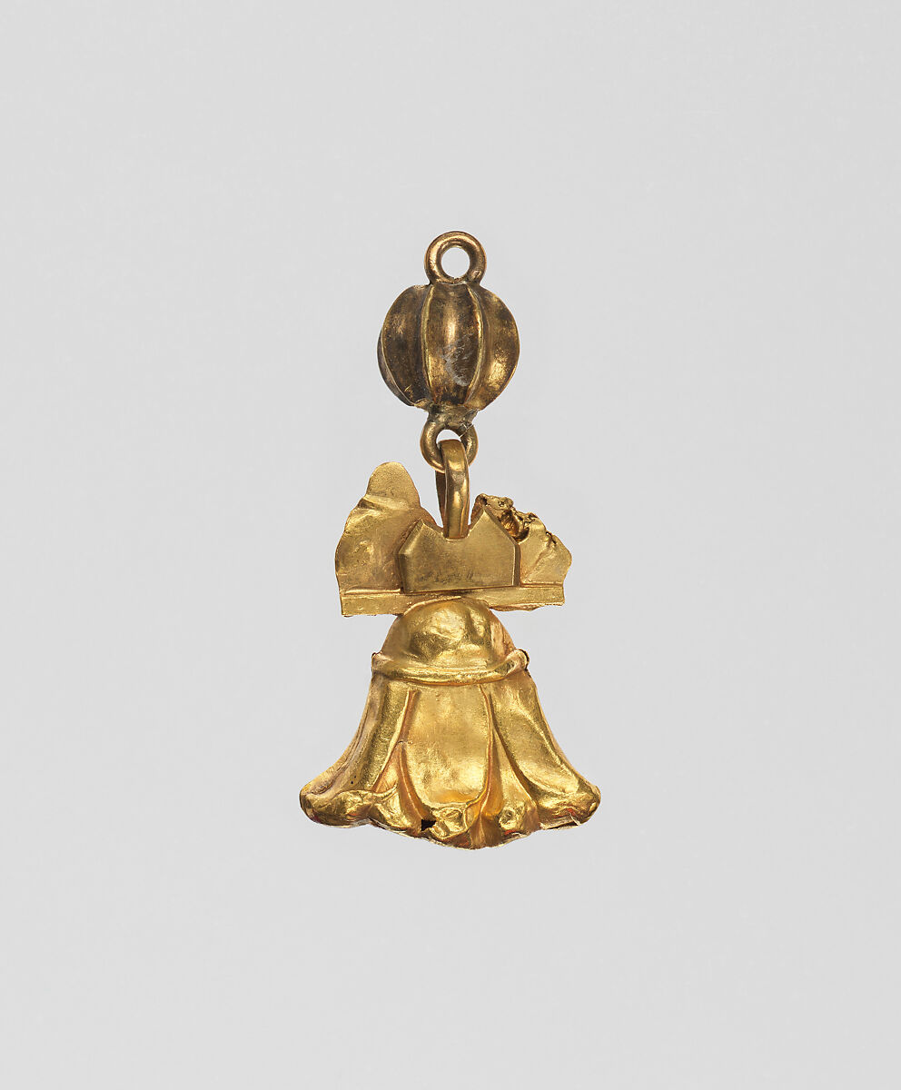Lotus pendant with two Egyptianizing heads attached, plus a melon bead, Gold 
