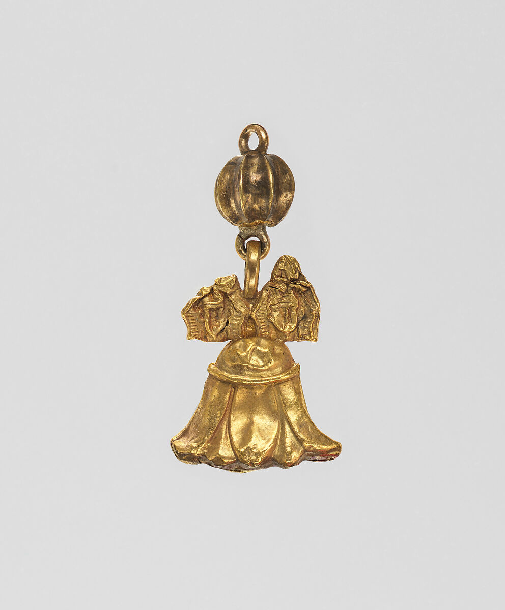 Lotus pendant with two Egyptianizing heads attached, plus a melon bead, Gold