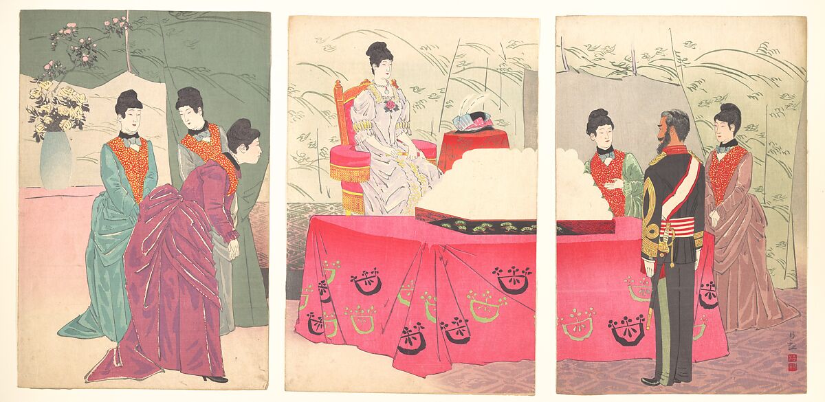 Illustration of the  Empress Visiting the General Staff Headquarters [to present a tray of bandages]  (Sanbō honbu gyōkei no zu), Kobayashi Kiyochika (Japanese, 1847–1915), Triptych of woodblock prints; ink and color on paper, Japan 