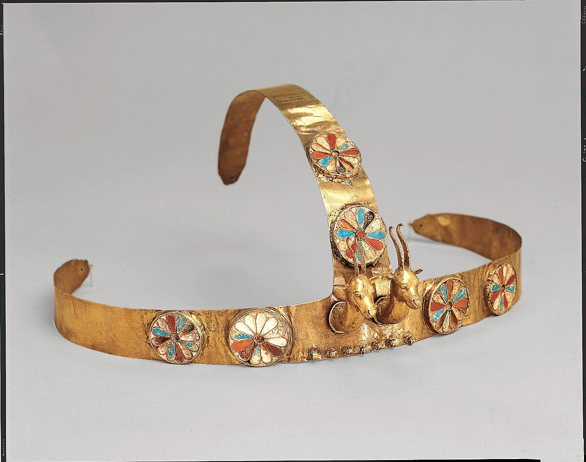 Diadem with a Pair of Gazelle Heads, Gold, carnelian, opaque turquoise glass, decayed crizzled glass