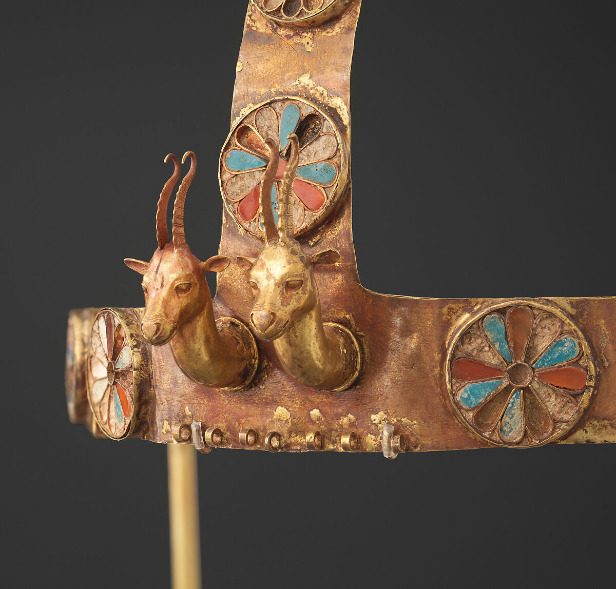 Diadem with a Pair of Gazelle Heads, Gold, carnelian, opaque turquoise glass, decayed crizzled glass