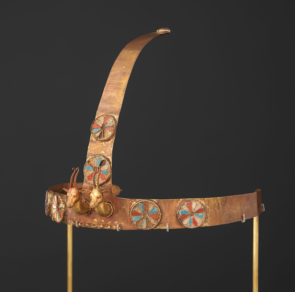 Diadem with a Pair of Gazelle Heads, Gold, carnelian, opaque turquoise glass, decayed crizzled glass