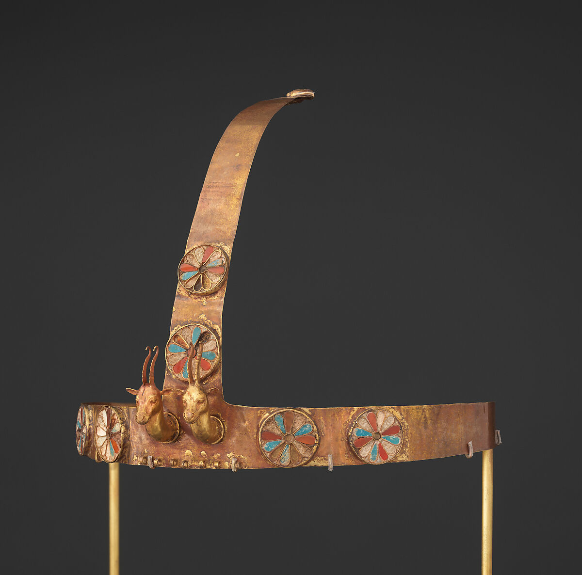 Diadem with a Pair of Gazelle Heads, Gold, carnelian, opaque turquoise glass, decayed crizzled glass