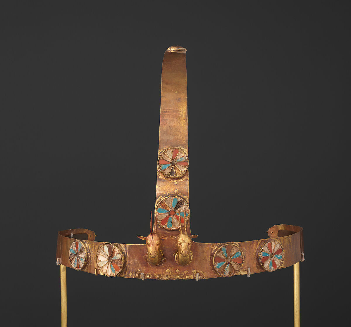 Diadem with a Pair of Gazelle Heads, Gold, carnelian, opaque turquoise glass, decayed crizzled glass
